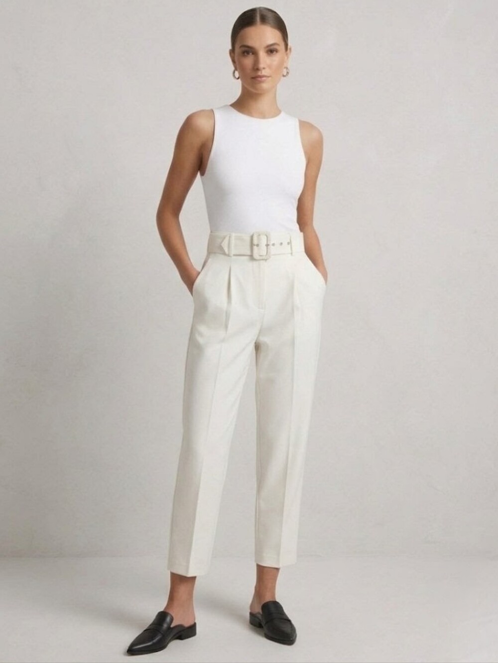 ZARA High Waisted Minimulist Belted Corpcore Cropped Quiet Luxury Ivory Pants